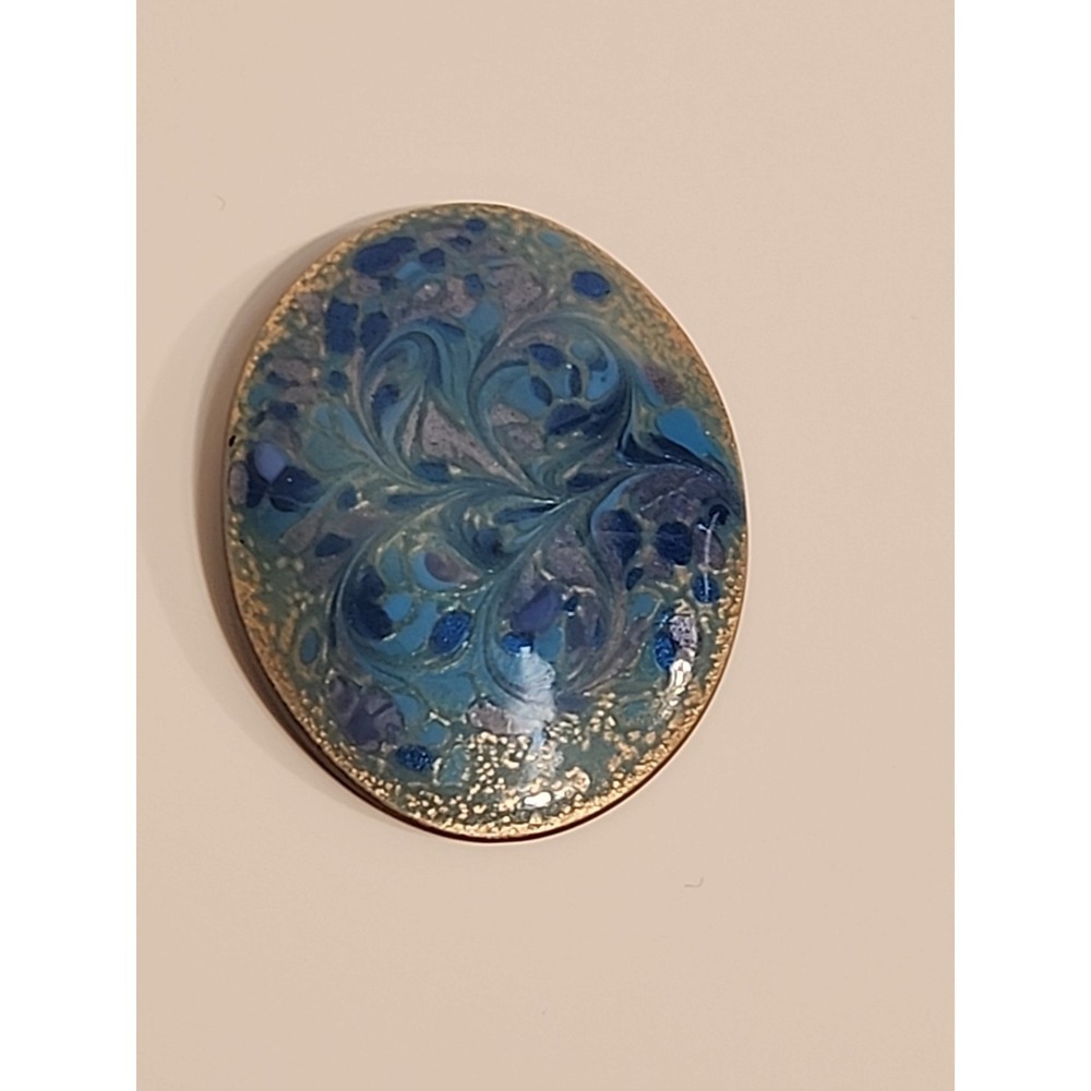 Vintage Brooch Enamel Oval Copper Artist Inga Carlson Signed 2"